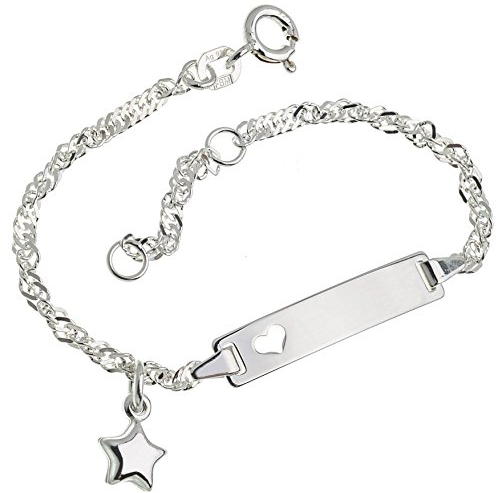 Silberketten Store Baby- & Kinder ID Armband Singapur mit Herz & Stern-Anhänger inkl. Gravur & Geschenksäckchen I aus 925 Silber I nickelfrei & allergiker-geeignet I 10 Schriftarten I 14 cm