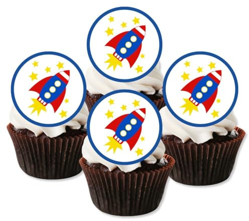 Cupcake-Topper/Dekoration, essbare Oblaten, besonders dick, gesüßt, Vanillegeschmack, Raketen-Motive, 24 Stück