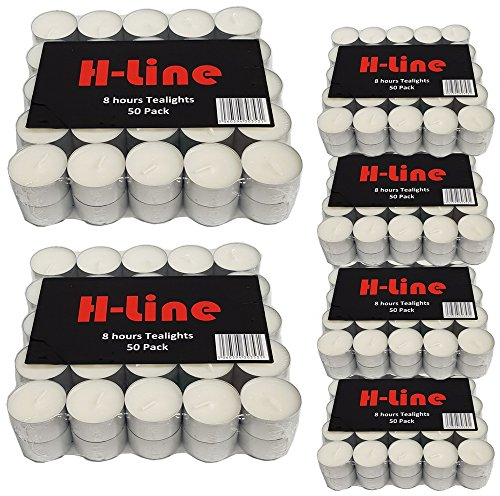 H-line Unscented Tea Lights Candles Long Lasting 8 Hour Burn Time Smoke Free Bright Flame - Ideal for Weddings,Events,Aromatherapy,Home,Emergency Use Premium Quality Energy Class A+ (300 Pack)