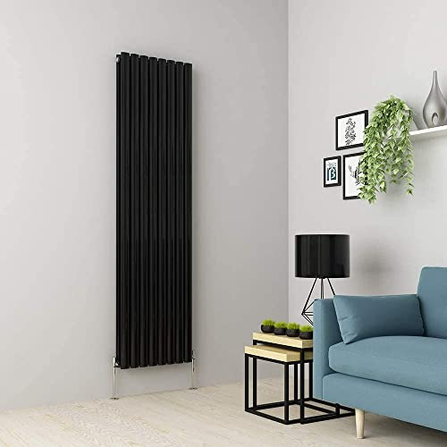 Warmehaus Vertical Designer Radiator Oval Panel Double Black 1800 x 473mm | Modern Radiator, Central Heating Wall Mounted Radiators, Mild Steel, Perfect for Bathrooms Kitchen Hallway Living Room