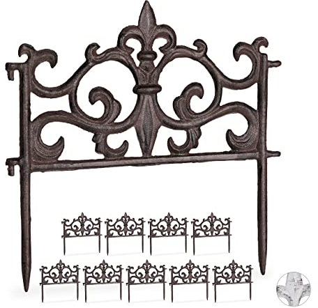 Relaxdays 10 x Beetzaun Element, Gusseisen, Vintage Design, erweiterbar, Erdspieß, dekorativer Steckzaun, HxB 27x27cm, braun