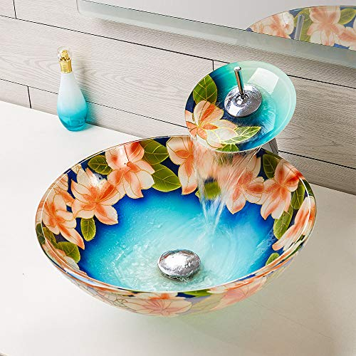 HomeLava Modern Gehärtetes Glas Waschbecken Set Blumen Design Handwaschbecken mit Wasserfall Armatur für Bad