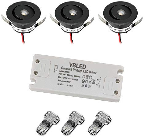 VBLED© 3er-Set 3W LED Mini Einbauspot -OCULOS Minispot 3000K mit 12VDC Netzteil - Schwenkbar - Schwarz