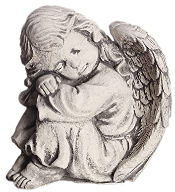 Antyki24 Deko Geschenk - Massiver Steinguss Engel Geschenk - Graue Betonfigur, Sitzender Engel mit Flügeln, Patina Behandlung, 7kg, Garten Deko - Wetterbeständig & Frostbeständig für Terrasse, Balkon
