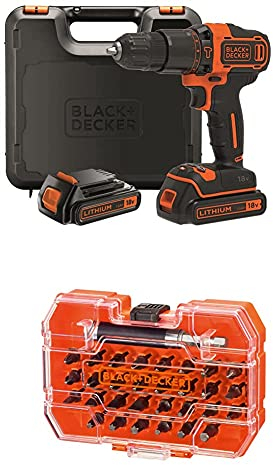 Black+Decker 2-Gang Akku-Schlagbohrschrauber – Schlagbohrmaschine mit 2-Gang-Vollmetallgetriebe & LED-Licht zum Schrauben, Bohren & Schlagbohren, Bitset für Schraub- & Montagearbeiten