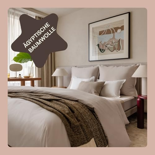 Amqua Mako Satin Bettwäsche Set 135x200cm + Kissenbezug 80x80cm, 100% ägyptische Baumwolle (Zertifiziert), beige/Sand