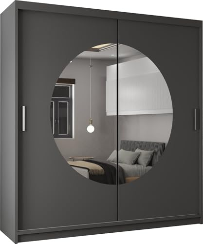 MN Furniture Modern Double Sliding Door Wardrobe 2 Mirrored Hanging Rails & Shelves Storage Cabinet for Bedroom (150cm, Moon Grey)