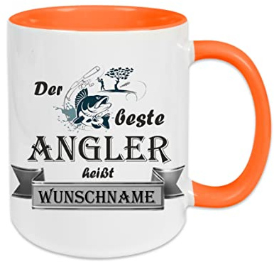 Crealuxe Kaffeetasse - Der Beste Angler heißt (Wunschname) - Spruchtasse, Bürotasse, bedruckte Keramiktasse, Tasse mit Spruch, Hochwertige Kaffeetasse, Tasse personalisiert (Orange)