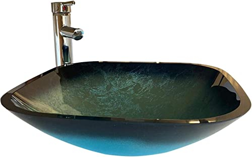 BELOFAY Modern Bathroom Sink, Countertop Wash Basin, Glass Vessel Washing Bowl Set, Cabinet Counter Top Sink for Vanity Cabinet Cloakroom, Square Blue with Tap, Pop up Waste and Plastic Bottle Trap