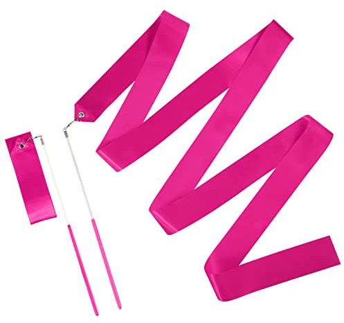 KINBOM 2pcs Dance Ribbons, 2m Kids Long Gymnastics Ribbon Twirling Ribbons Dancing Ribbon Streamers for Artistic Dance Training Party, with Ribbon Dancer Wand (Rose Red)