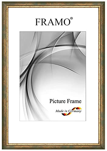 FRAMO Barock Bilderrahmen 29,7 x 42 cm (DIN A3) aus Massivholz | Grün Gold | Farbe/Größe wählbar | Retro Vintage Antik Rahmen N°067