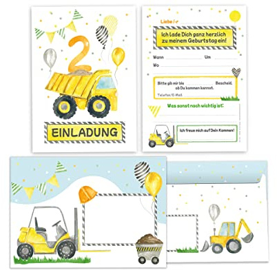 Minkocards 12 Einladungskarten incl. 12 Umschläge zum zweiten Kindergeburtstag 2. Geburtstag Jungen Jungs Baustelle bunte Einladungen zum Geburtstag Kinder Einladungsset