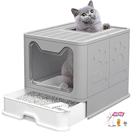 Bandeja de Arena Portátil con Tapa para Gatos, Gran Casa de Aseo Plegable, Cajón y Pala, Gris-51 x 41 x 38 cm