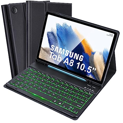 SOPPY Custodia Tastiera Retroilluminata per Samsung Tab A8 10.5 2022 (SM-X200/ X205 /X207), Layout Italian, 7 Colori Retroilluminazione, Porta Penna S, Copertura Sottile, Nero