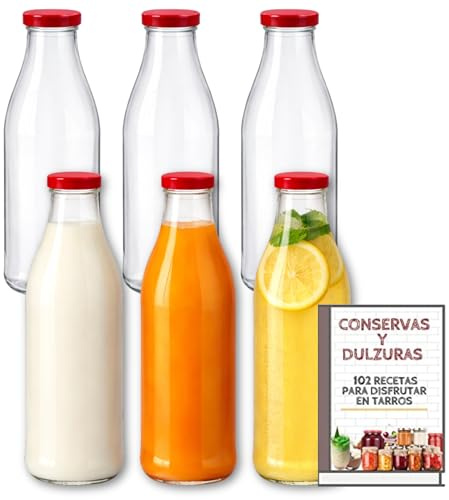 Awiku Pack 6 Botellas de Cristal de 1 Litro para Leche y Bebidas + EBook de 102 Recetas, con Tapa de Rosca Hermética - Ideal para Leche, Batidos, Horchata, Zumos, Licuados y Salsas - Set de 6