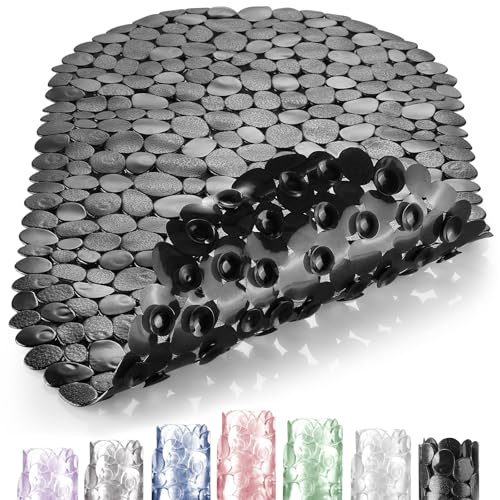DOPROP Klassische Kieselsteine rutschfeste Duschmatten für die Innendusche, schimmelresistente Badematten als Badezimmerzubehör mit Saugnapf, ovale Duschmatten für Ältere Kinder, Schwarz, 69x39CM