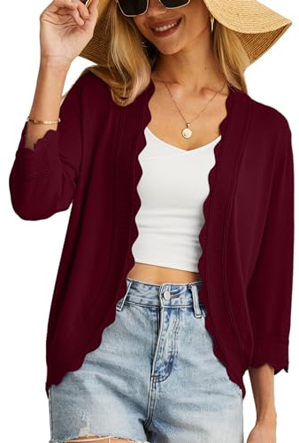 Mujeres Casual De Punto Cárdigan Elegante Parte Delantera Abierta Cárdigan Clásico 3/4 Manga Abrigo Elegante Mujer (Rojo Vino, M)