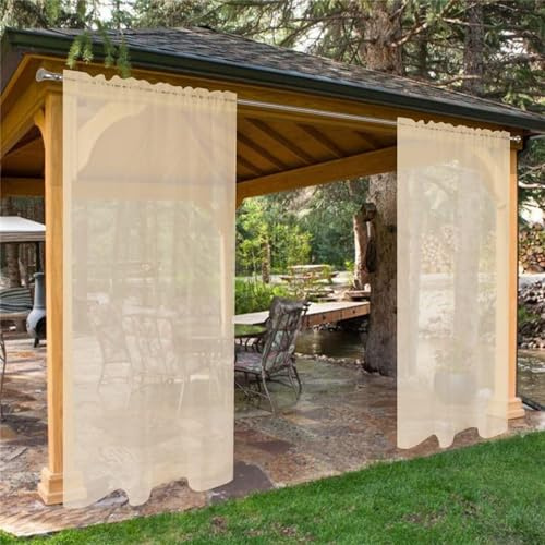 LINGKY Outdoor Vorhang Wetterfest Transparent Sonnenschutz Outdoorvorhänge Wasserdicht Voile Vorhang Outdoor Gardinen 2 Stück für Terrassentür Pavillon Veranda (B132xH213cm,Beige)