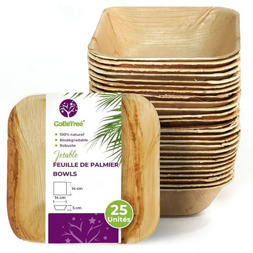 GoBeTree 25 Cuencos Desechables de Hoja de Palma Cuadrados 14x14 cm, Hondos | Boles Rígidos y Hondos para Salsas, Snacks y Aperitivos, Aptos para Microondas y Congelador, Similares al Bambú