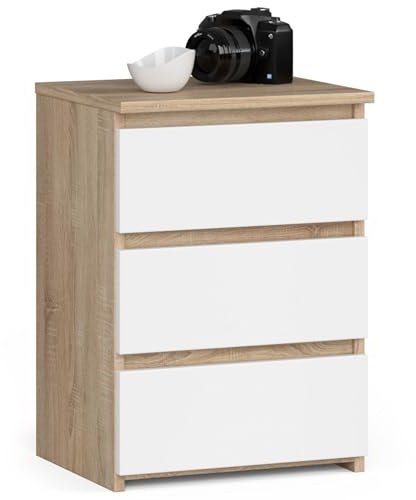 AKORD Nachttisch Kommode CL-3 mit 3 Schubladen | für das Wohnzimmer Schlafzimmer Schrank Büro Arbeitszimmer | Modernes Funktionales Design | B40 x H57 x T35 cm Gewicht 26 kg Sonoma-Eiche & Weiß Front