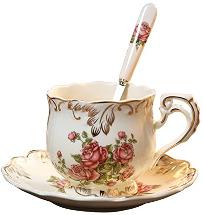 Porcelain Rose Flower Sea Cup Set 250ml Ceramics Teas Cup and with Spoon Drinking Utensils