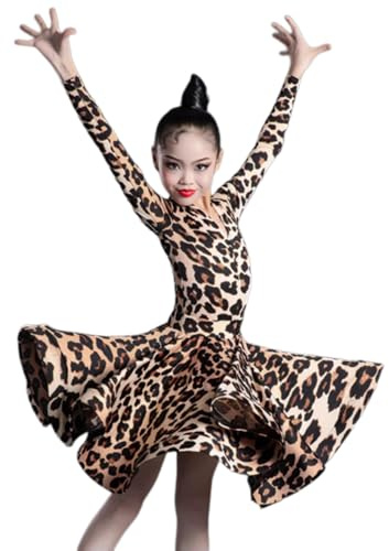 HWBZSZY Kinder Mädchen Latein Kleid Langarm Lotus Blatt Form Rock Ballsaal Salsa Cha Cha Dance Party Kostüm mit Trikot Bühne Performance Praxis Outfit 2 Stück,Braun,130
