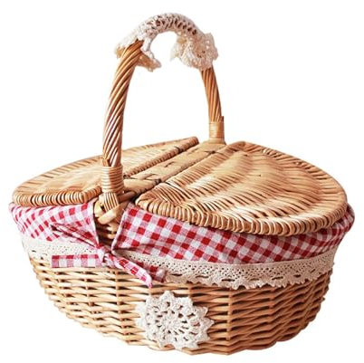 Picknickkorb Picknickkorb aus Korbgeflecht mit Innenfutter, Aufbewahrungskorb mit Deckel und Griff, kleiner Rattan-Picknickkorb im Vintage-Stil for Picknick, Camping, Outdoor Picknickkoffer Picknick S