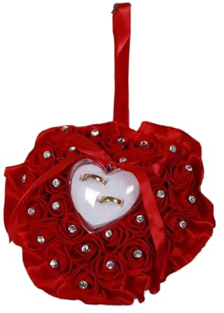 Hrlace Hochzeit Ringkissen Romantic Rose Herzform Ring Kissen Box Elegant Herzform Ringhalter Bling Strass Dekor Eleganter Satin Flora Accessoires Schmuck für Trauung Kirche, 18 x 19cm Rot
