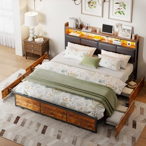 KeepGoon Doppelbett 140 x 200 cm,Schubladenbett mit LED-Licht und PU-Nachtbett mit Eisenrahmen, Kopfteil mit Stauraum,Stauraumbett,Mattschwarze Tigerhautfarbe