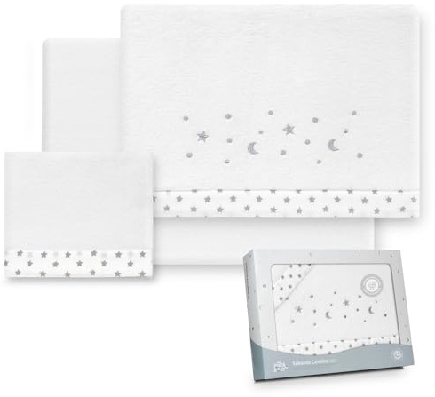 Interbaby - Juego Sabanas Carrito Bebe 40x80 Poliester 100% | Sabana Cuna Coralina, Cálida | Incluye Sabana Bajera, Encimera y Funda de Almohada | Ideal para Invierno | Estrellas Luna Blanco/Gris