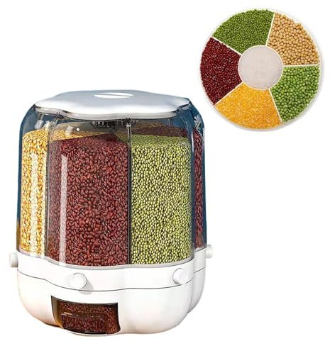 Rotating Travel Bucket with 6 Grids, 30 g Cereal Dry Feeder with Large Capacity, Grain Storage Container, Round Dry Food Box, Kitchen Utensils