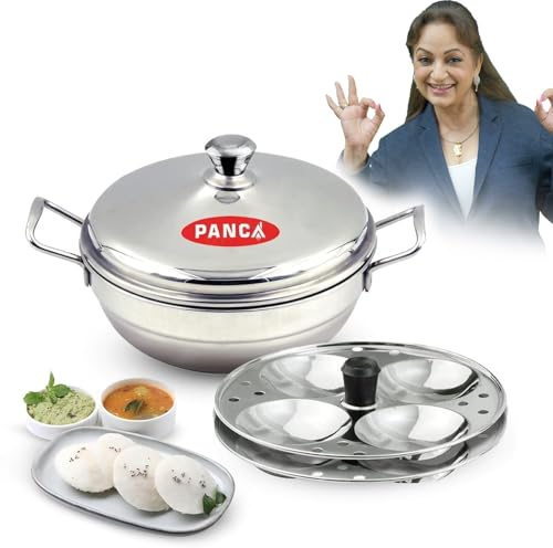PANCA Stainless Steel Multi Purpose Kadai with Steel Lid, idli Maker 2 Plates 8 Cavity Idli Cooker