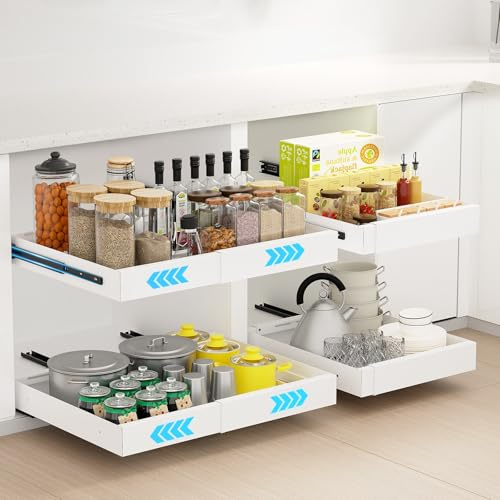 Ihomife 2 pezzi Cassetto Telescopico Cucina, Doppio montaggio migliorato compatibile con tutti i mobili, guide per cassetti da cucina rinforzate, Cassetto Regolabile 32-52 cm