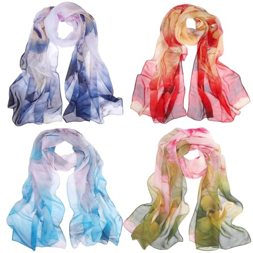 Bolonbi Lot de 4 écharpes en mousseline pour femmes, écharpes légères d'été avec imprimé floral, châle de mode, écharpes à nouer autour du cou pour robes, plage et mariages, violet, M