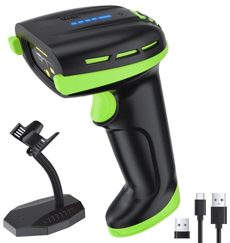 Tera Pro Barcode-Scanner Akku 4400mAh: Physischer Schalter Batterieanzeige Wandmontierbarem Ständer 2D QR Kabellos Barcode-Leser mit Bluetooth 2.4G Wireless USB Kabelgebunden für POS Lager D6100 Grün