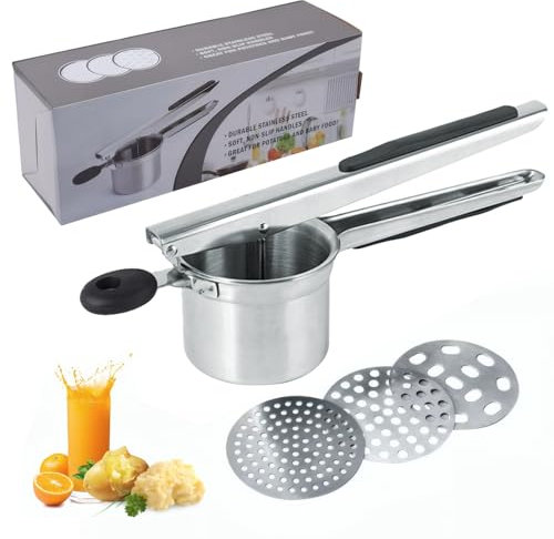 Prensa de Patatas Acero Inoxidable, 3 Discos Fijos Intercambiables, Prensador de Patatas Multifuncional para Puré de Patatas, Comida para Puré de Papas Mermelada Verduras y Frutas