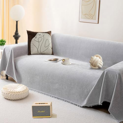 BUSVORES Sofa Überwurfdecke, Chenille Mit Fransen Sofabezug, AntiRutsch Couch Schutz für Haustiere Haare Kinder Hund Katze, Vielseitige Dekorative Sofaüberwurf für Familie(Hellgrau, 180x230 cm)