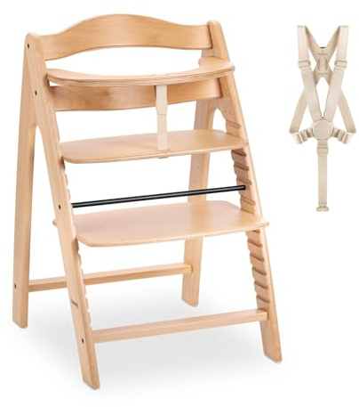 hauck Arketa Holz Hochstuhl Baby mitwachsend ab 6 Monaten bis 130 kg, Buche | 13-fach verstellbare Sitz & Fußplatte, 5-Punkt-Gurt, Schrittgurt, Schutzbügel, robuster Kinderhochstuhl aus Buche