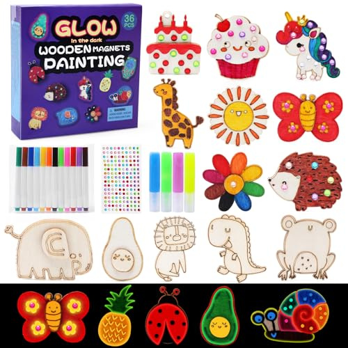 JoyPlus Juego de Manualidades para Niños de 3 a 12 Años, 36 Piezas Refrigeradores de Madera Manualidades de Pintura, Juego de Pintura con Imanes de Madera para Pintar, Regalos de Cumpleaños para Niños