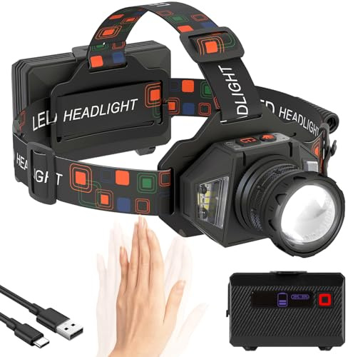 Shayson Lampada Frontale Super Luminosa, Potente con Sensore, Regolabile a 90° e 9 Modalità di Illuminazione, Extra lungo Autonomia, IPX4 Impermeabile, Perfetta per Campeggio, Ciclismo, Pesca
