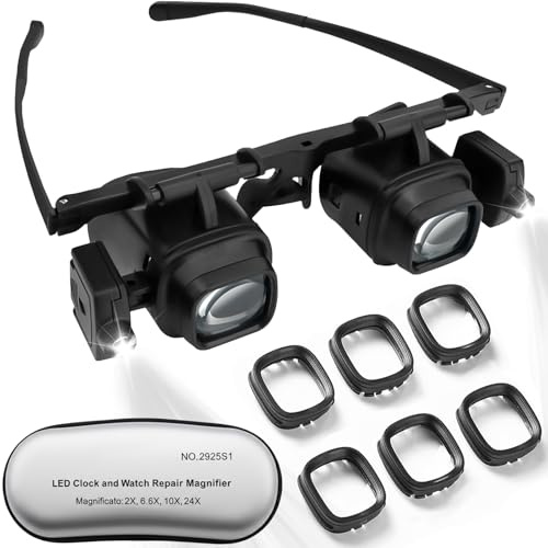 Lupenbrille mit LED Licht – Kopfbandlupe mit 4 Wechselobjektive(2X, 6X,10X, 24X), Hände Frei Kopfmontierte Lesebrille, Vergrößerungsbrille für Juweliere, Nähen, Handwerk, Hobbys
