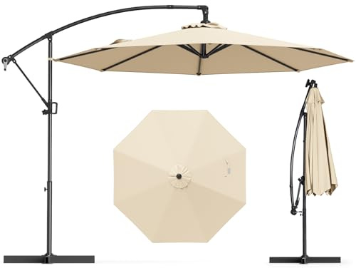COSTWAY 3M Cantilever Garden Parasol, 8 Ribs Outdoor Offset Banana Hanging Umbrella with Crank Handle, Cross Base and Tilted Design, Water-proof Canopy Sunshade Shelter (Beige+Black, 300 x 245 cm)