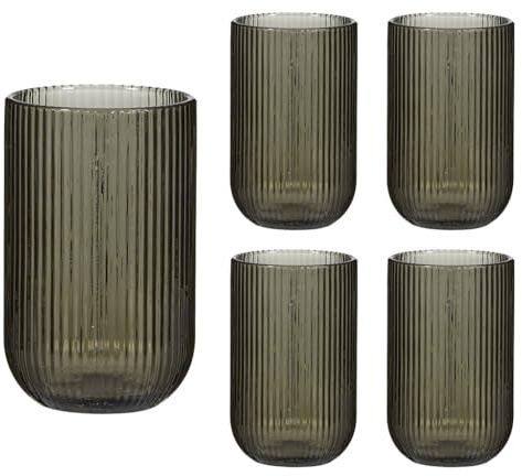Dibor Set of 4 Ribbed Highball Tumbler Glasses 420ml Retro Mid-Century Modern Style Rippled Finish Dishwasher Safe Drinking Glasses Alfresco Dining Cocktail Tumbler Glass Glassware Set (Grey)