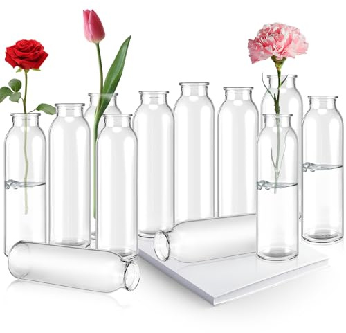 Kinmsito 12 Stück Glasvasen im Großpack, kleine Glasvasen für Tischdekorationen, Mini-Blumenvasen, klare Vasen für Blumen, dekorative Glasflaschen für Hochzeitsempfänge, Esstische, Wohnkultur