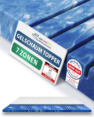 AM Qualitätsmatratzen 7 Zonen Deluxe Gel Topper 140x200cm RG50 - Made in Germany - Atmungsaktiver Gelschaum Topper 140x200-8cm - Kühlende Matratzenauflage mit Lyocell Bezug und Anti-Rutsch Funktion