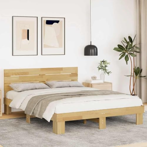 Ziaphsol Massivholzbett Eiche 135x190 cm, Robustes Bettgestell mit Kopfteil, Lattenrost, Stauraum, langlebiges Holzmöbel für Schlafzimmer, ohne Matratze