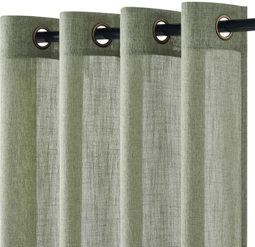 Topfinel Grün Gardinen Vorhänge mit Ösen, Wohnzimmer Vorhang Leinen 140x245cm (BxH), Halbtransparent Gardine Leinenoptik Boho für Schlafzimmer Kinderzimmer 2er Set