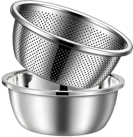 304 Stainless Steel Colander,Rice Colander Mixing Bowl Set,Food Safe Rice Drainer & Wash Basin,Deep Nesting 10.2 x 10.2 x 4.3 inch Multifunctional Kitchen Strainer for Washing, Draining, & Prep