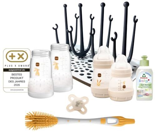MAM Easy Start Geschenkset inkl. Trockengestell | 0+ Mon | Babyflaschen-Set | 96% Hebammen-Empfehlung | 80% weniger Koliken | 2 Trinkflaschen, 2 Flaschenkörper, 1 Schnuller & 1 Flaschenbürste | beige