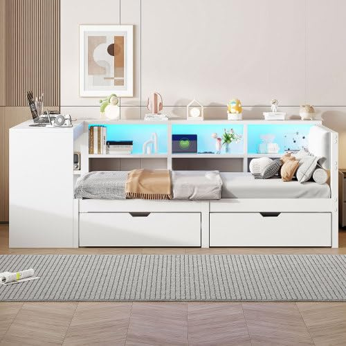 Merax Massivholzbett 90x200 cm – Holzbett mit Schubladen, Ablageflächen, LED-Beleuchtung & gepolstertem Kopfteil, Integrierte Ladestation – Flachbett/Bettgestell Weiß